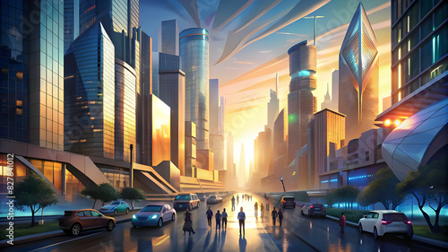 a modern metropolis at dawn, with sleek glass buildings reflecting the sunrise, busy streets filled with people and cars, and a sense of energy and movement photo