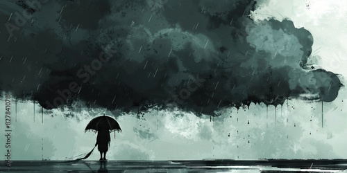 Weathered Warrior: A determined figure braving the storm with their trusty umbrella, silhouetted against the dramatic backdrop of an ominous sky