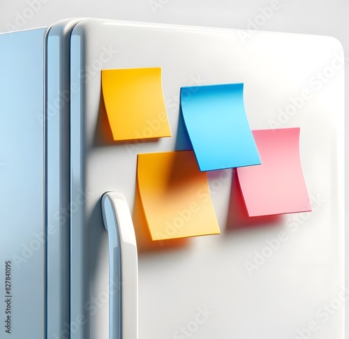 Close-up view of colorful sticky notes attached to a refrigerator door, featuring yellow, blue, and pink notes in a minimalist kitchen setting.