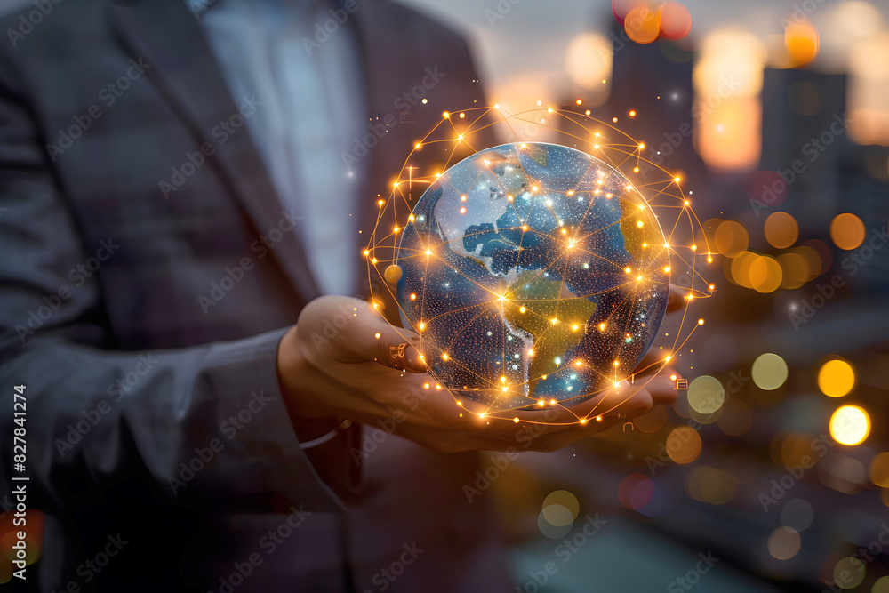 Fototapeta premium Businessman Holding Earth Globe with Glowing Digital Network Connections in Hand Over Dark Background, Businessman with CGI World Map, Hand Holding Globe blinking Network