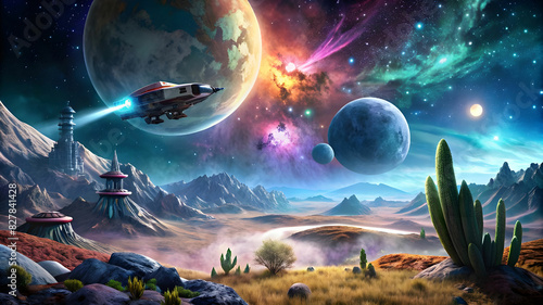 A sci-fi scene of a spaceship landing on a distant planet, with alien flora and fauna in the foreground and a spectacular galaxy visible in the night sky photo