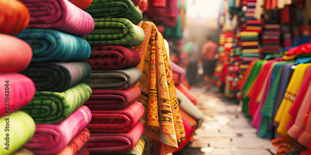 Bustling Market Scene - Brightly colored fabrics and wares fill the air and surround vendors, their stalls overflowing with vibrant textiles in hues of red, green, and yellow