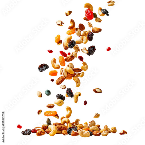 Mixed Nuts and Dried Fruits in Mid-Air, A stream of mixed nuts and dried fruits falling together, isolated on a plain background, highlighting healthy snack options photo