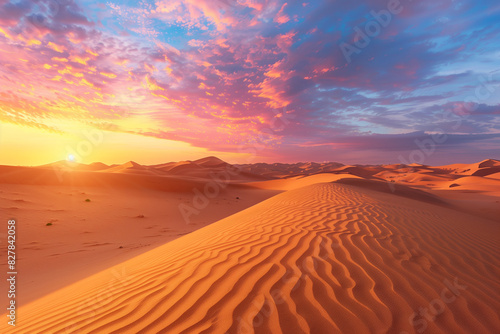 A tranquil desert landscape at sunset  with dunes casting long shadows and the sky ablaze with colors  leaving clear copy space on the right.