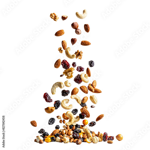 Mixed Nuts and Dried Fruits in Mid-Air, A stream of mixed nuts and dried fruits falling together, isolated on a plain background, highlighting healthy snack options