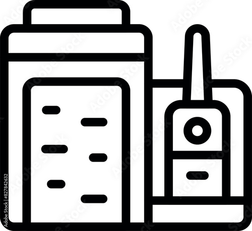 Black and white line icon featuring a clipboard and walkie talkie, representing communication and organization