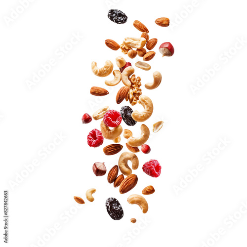 Mixed Nuts and Dried Fruits in Mid-Air, A stream of mixed nuts and dried fruits falling together, isolated on a plain background, highlighting healthy snack options