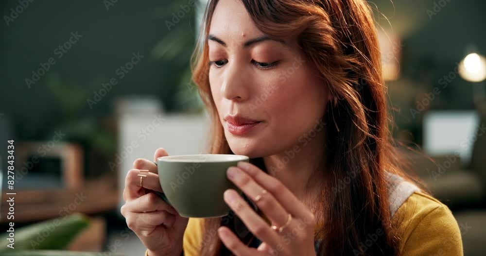 Coffee, drink and relax with woman on floor of living room in home for start of morning or weekend time off. Aroma, calm and cup with peaceful person in apartment to enjoy fresh caffeine smell Coffee, drink and relax with woman on floor of living room in home for start of morning or weekend time off. Aroma, calm and cup with peaceful person in apartment to enjoy fresh caffeine smell