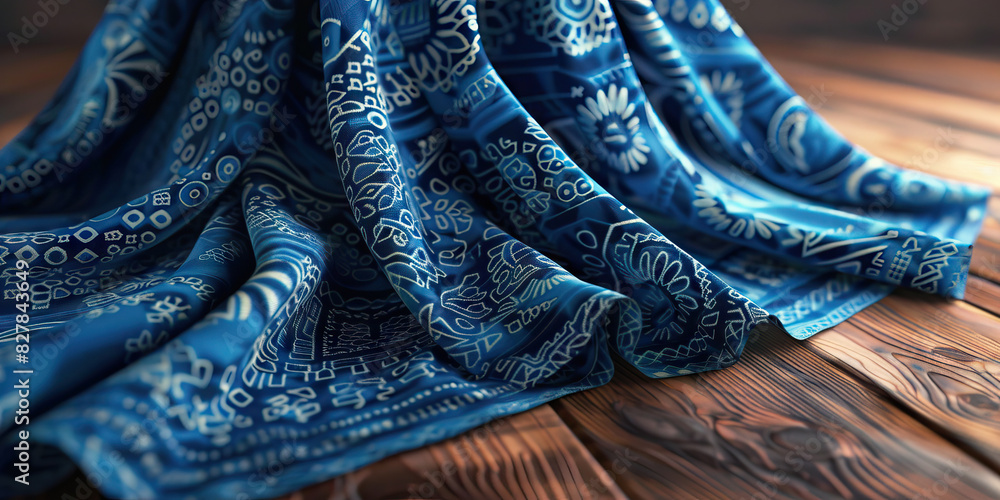 Intricate Blue Patterns - A patterned blue cloth drapes over a wooden table, creating a mesmerizing display of shapes and colors Intricate Blue Patterns - A patterned blue cloth drapes over a wooden table, creating a mesmerizing display of shapes and colors