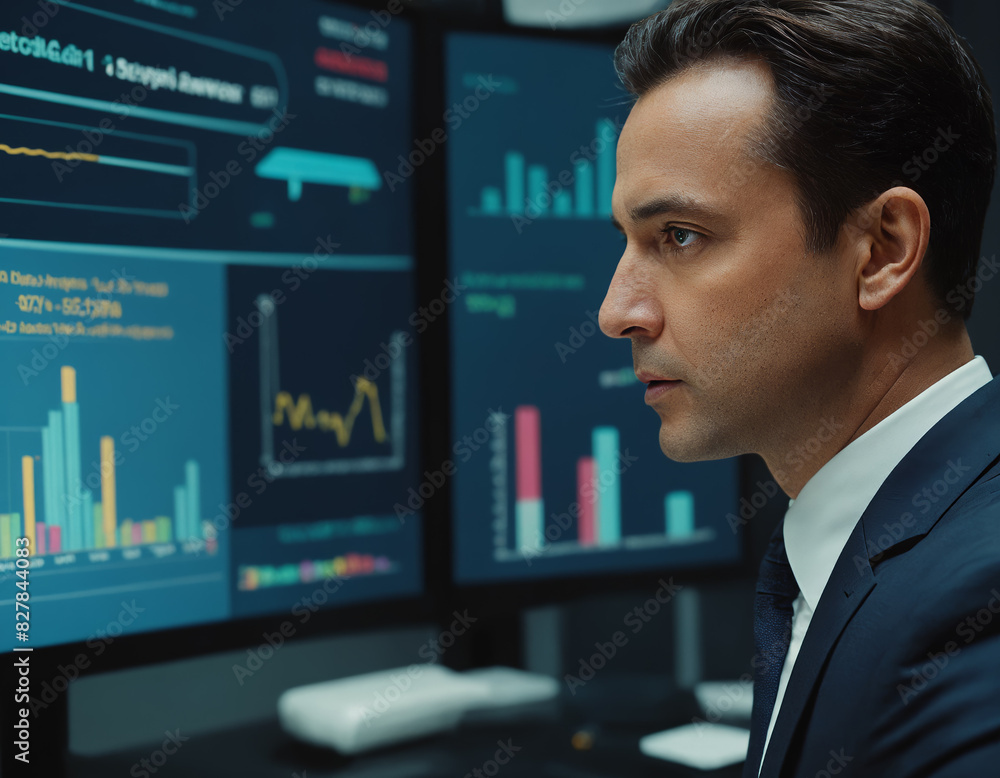 Fototapeta premium Businessman Reviewing Financial Charts on Multiple Monitors in Office