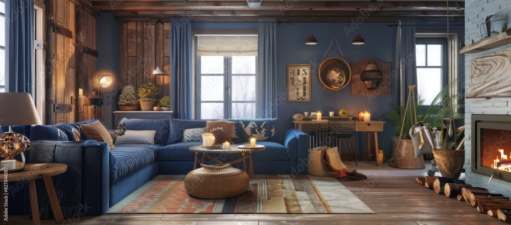 Cozy living room with a blue color scheme, featuring a plush blue sofa, warm lighting, and rustic wooden accents Cozy living room with a blue color scheme, featuring a plush blue sofa, warm lighting, and rustic wooden accents