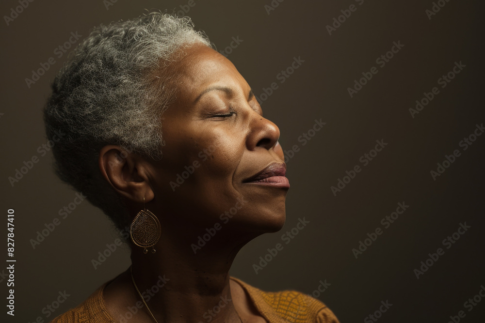 A close up of a black woman's face with her eyes closed looking to a side A close up of a black woman's face with her eyes closed looking to a side