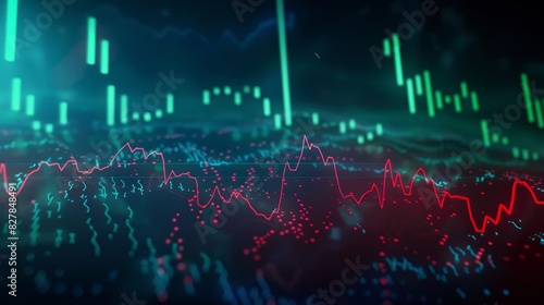 Vibrant Financial Data Visualization with Charts,Graphs,and Indicators Displayed on a Futuristic Digital Screen Background,Representing the Complexity and Dynamism of the Market and Investment 