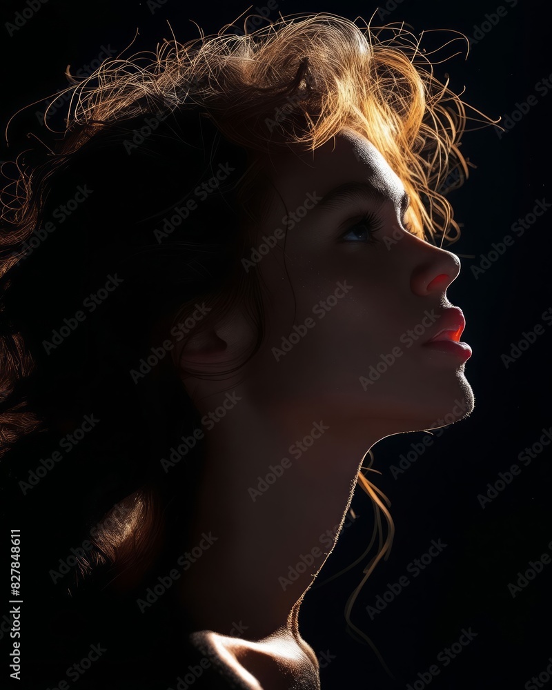 A woman with curly hair in the dark. A woman with curly hair in the dark.