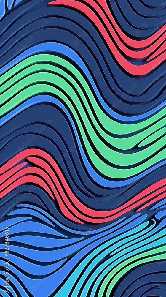 An abstract painting featuring wavy lines in shades of blue, green, red, and pink An abstract painting featuring wavy lines in shades of blue, green, red, and pink