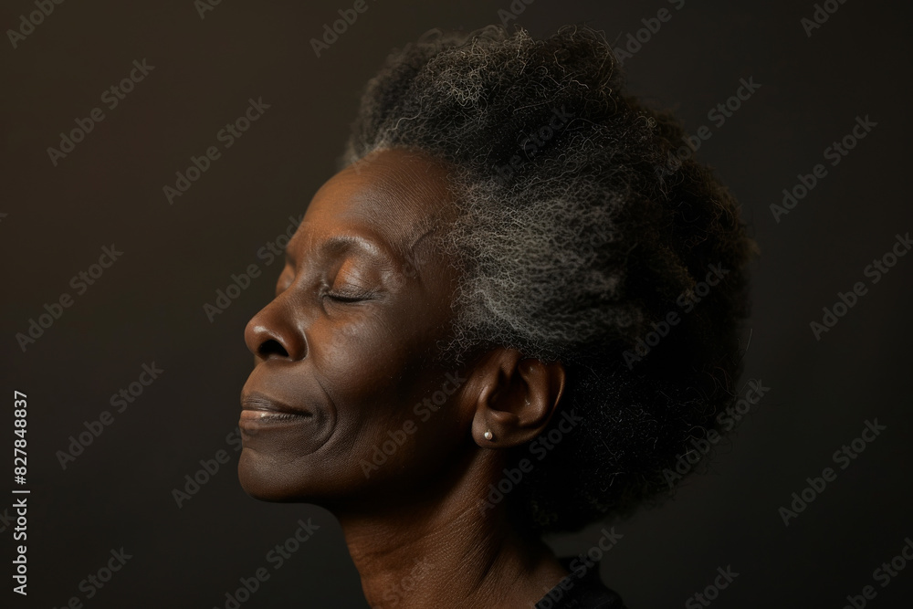 Obraz premium A close up of a black woman's face with her eyes closed looking to a side