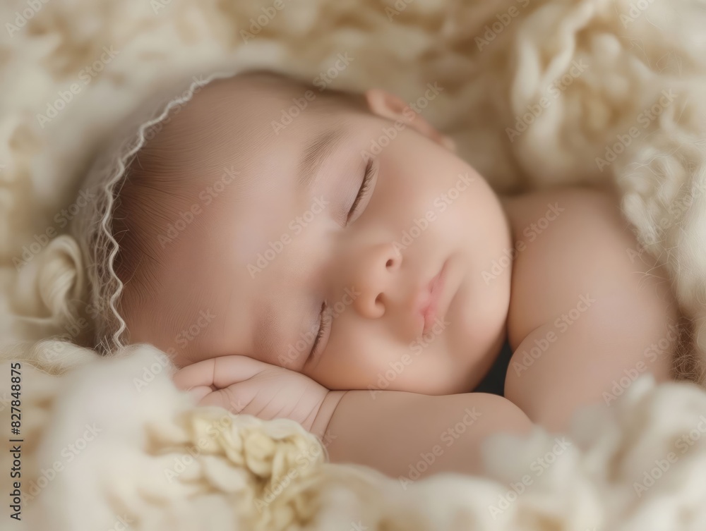 A baby sleeping in a blanket with a white headband. A baby sleeping in a blanket with a white headband.
