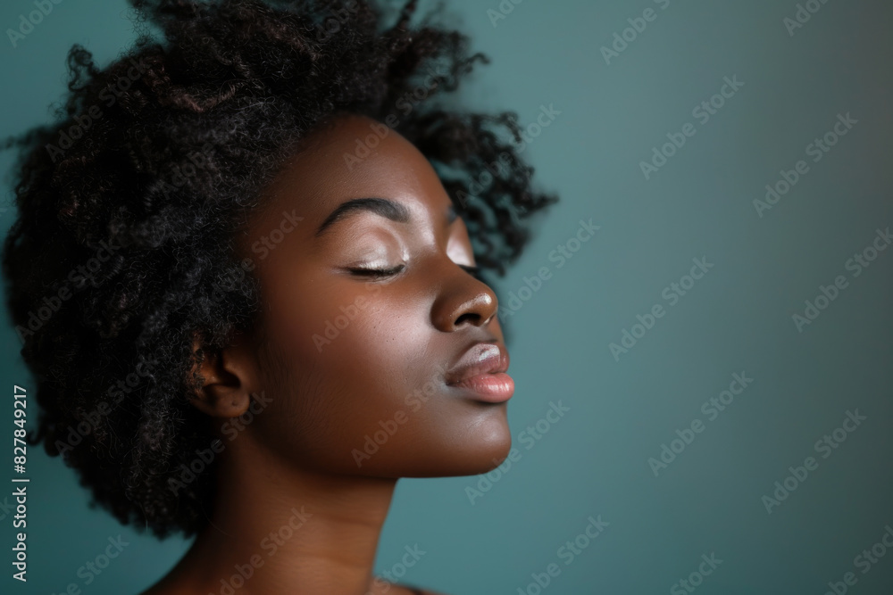 A close up of a black woman's face with her eyes closed looking to a side A close up of a black woman's face with her eyes closed looking to a side