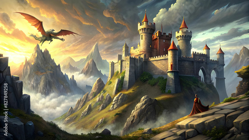 A medieval castle perched on a rocky cliff, with a dragon flying in the sky above and a knight on horseback approaching the gate photo