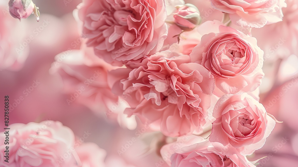 A closeup of pink roses in full bloom, creating an enchanting and romantic atmosphere with a blurred background. A closeup of pink roses in full bloom, creating an enchanting and romantic atmosphere with a blurred background.