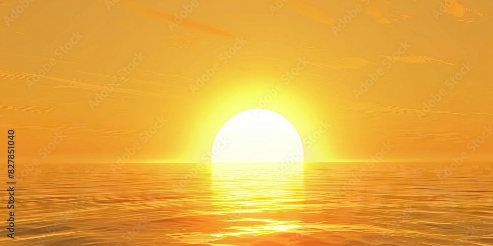 A bright yellow sun peeks over a calm ocean horizon