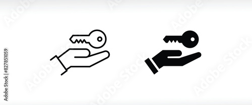 Hand holding a key icon, Key in hand, key from the house line and flat icons set, editable stroke isolated on white, linear vector outline illustration, symbol logo design style