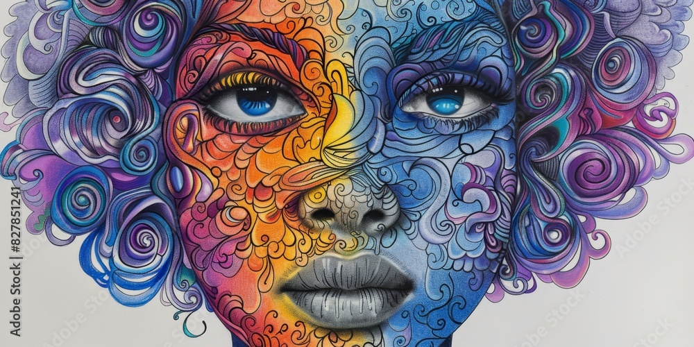 Colorful Hair Womans Face Drawing. Generative AI Colorful Hair Womans Face Drawing. Generative AI