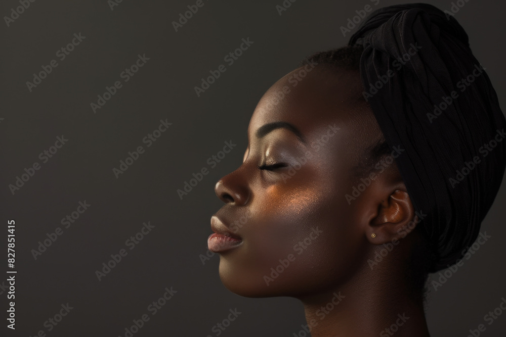A close up of a black woman's face with her eyes closed looking to a side A close up of a black woman's face with her eyes closed looking to a side
