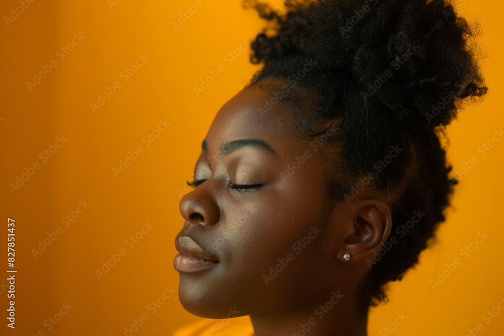 A close up of a black woman's face with her eyes closed looking to a side A close up of a black woman's face with her eyes closed looking to a side