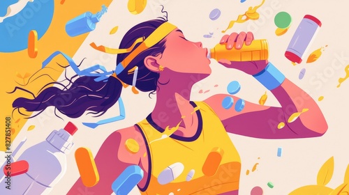 A female athlete is depicted in a vibrant cartoon illustration popping pills of energy supplements for her sports nutrition regimen The image set against a clean white background also showc