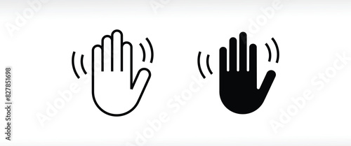 greeting or goodbye. Human waving palm Hand wave icon, motion sensor Waving hi or hello, bye line and flat icons set, editable stroke isolated on white, linear vector outline illustration, symbol logo