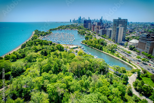 Drone shot of Chicago Lakeview Neighborhood and Belmont Harbor