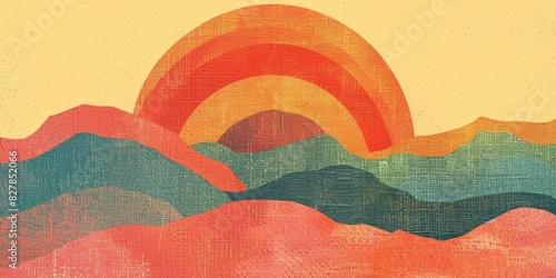 Sunset Over Mountain Range Painting. Generative AI