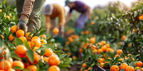 Orange Orchard - Workers bend low under the weight of ripening fruit in a lush orange orchard, their muscles straining as they gather the harvest for market photo