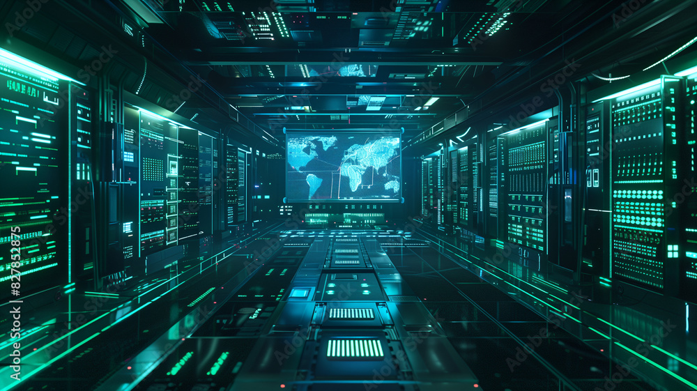 Futuristic data center with rows of servers and digital interfaces Futuristic data center with rows of servers and digital interfaces