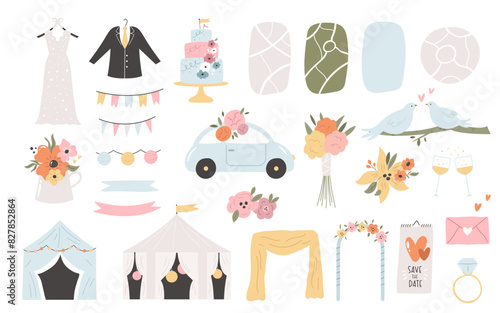 Hand drawn set of wedding illustrations, icons, symbols, elements. Good for making personal map