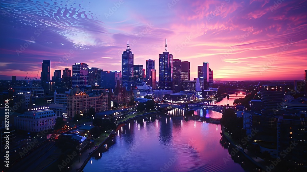 Fototapeta premium Vibrant City Skyline at Sunset