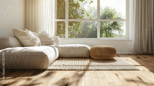 Empty living room with a sofa in light beige and light beige wall with large window and greenery view and sun light coming in