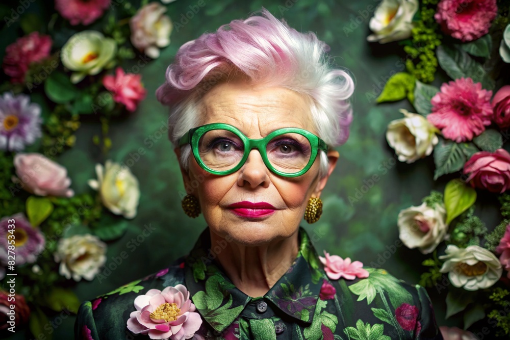 Portrait of a stylish, fashionable elderly woman, a pensioner of 70 years old, wearing glasses and clothes with floral prints. The concept of the elderly. Portrait of a stylish, fashionable elderly woman, a pensioner of 70 years old, wearing glasses and clothes with floral prints. The concept of the elderly.