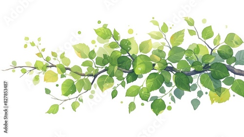 A vibrant illustration of a brown birch branch adorned with lush green leaves set against a clean white background