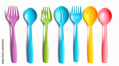 Plastic cutlery set on a plain white background with isolated clipping path