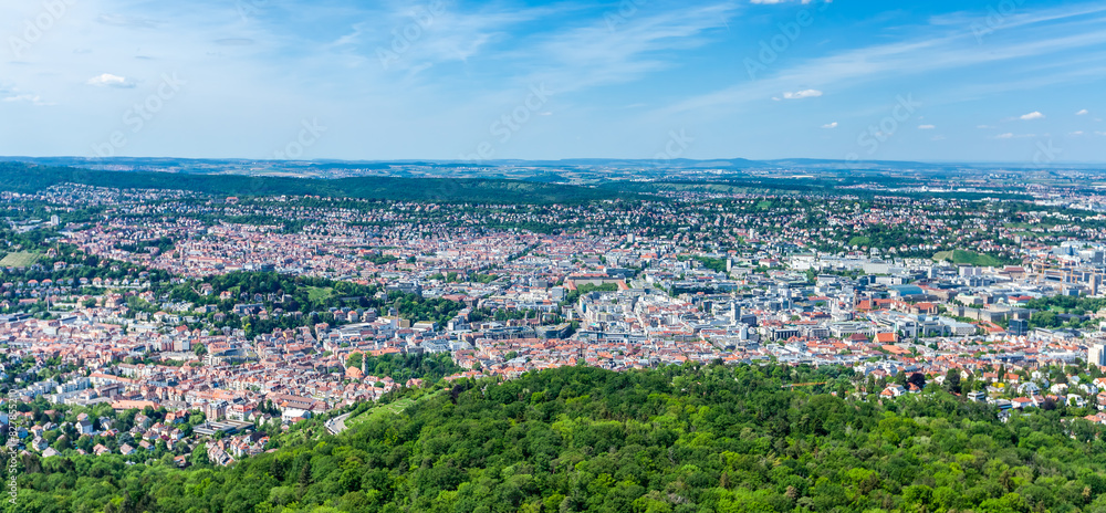 STUTTGART, GERMANY - May 12, 2024: Captivating glimpse of the bustling Stuttgart citurm ty landscape stretching out towards the northeast of the city. Short taken from the SWR Fernsehturm Stuttgart. STUTTGART, GERMANY - May 12, 2024: Captivating glimpse of the bustling Stuttgart citurm ty landscape stretching out towards the northeast of the city. Short taken from the SWR Fernsehturm Stuttgart.