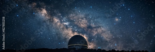 A massive telescope positioned atop a hill, under a star-filled night sky with the Milky Way galaxy visible in the background photo