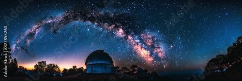 A large telescope standing tall under a starry night sky with the Milky Way galaxy visible in the background photo