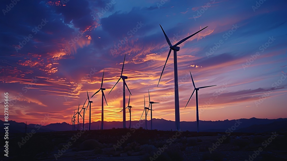 Obraz premium Colorful Sunset Silhouette of Wind Turbines