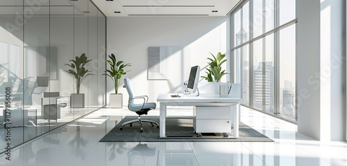 A minimalist corporate office with clean lines  minimalist furnishings  and ample natural light  promoting focus and clarity in a distraction-free work environment.