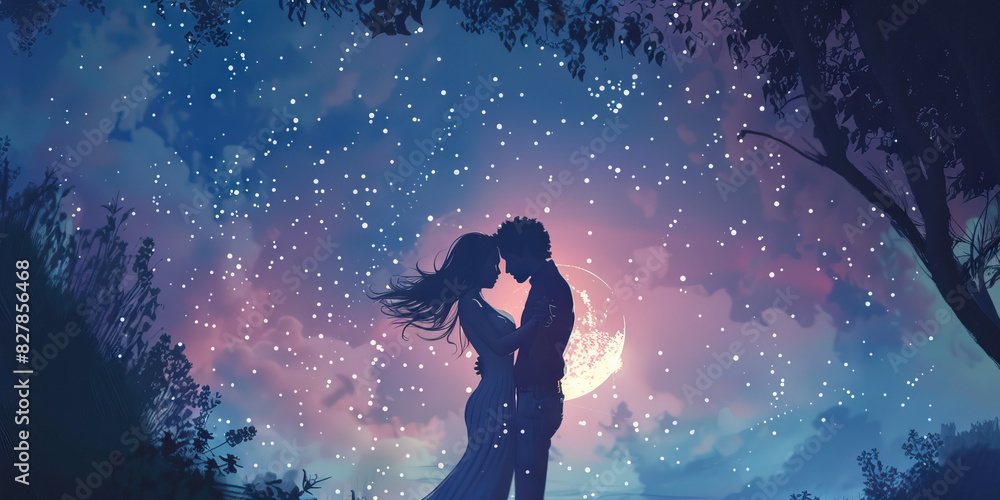 Naklejka premium A couple dances under the stars, lost in each other's embrace, the soft light from the moon casting a dreamy glow over them