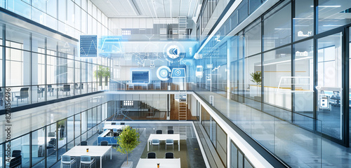 A modern corporate office with integrated smart building systems  IoT sensors  and AI-driven analytics platforms  optimizing energy usage  space utilization  and operational efficiency for cost saving