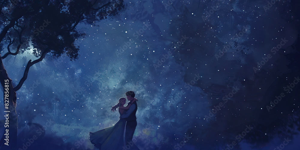 A couple dances under the stars, lost in each other's embrace, the soft light from the moon casting a dreamy glow over them