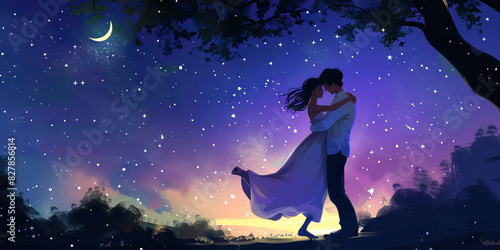 A romantic couple sways together beneath the twinkling stars, their bodies intertwined in a harmonious dance, as the gentle glow from the moon illuminates their faces and surrounds them in an ethereal